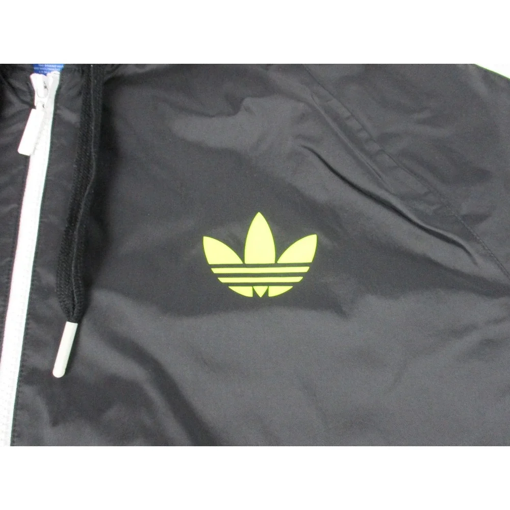 Adidas Jacket Mens Extra Large Black Green Neon Trefoil Windbreaker Hooded